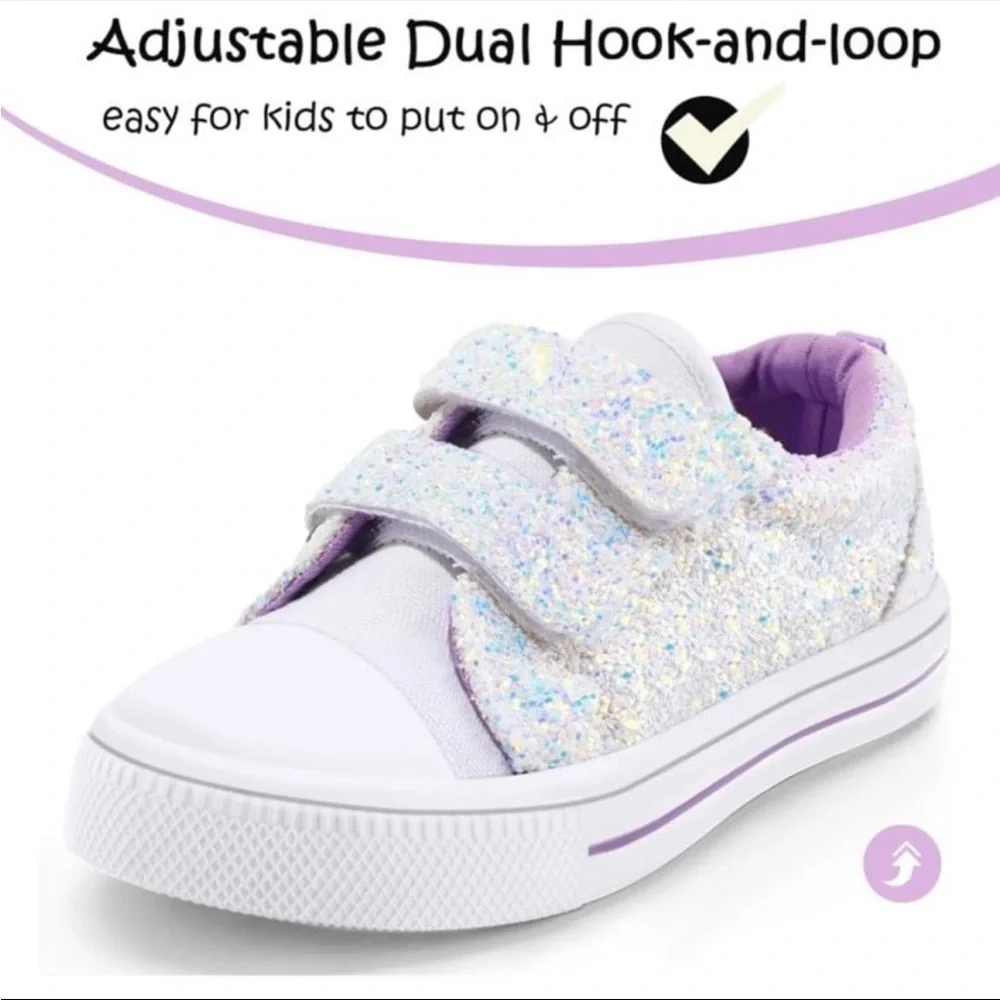 Kids Glitter Velcro Sneaker - White with Purple Accents
